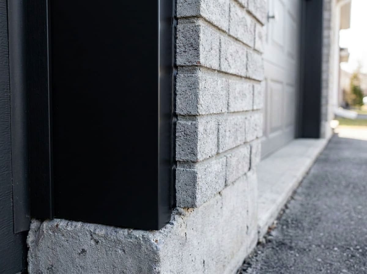 The same garage door trim from the same angle, now covered in matte black custom formed aluminium capping with square folded corners running down to the concrete