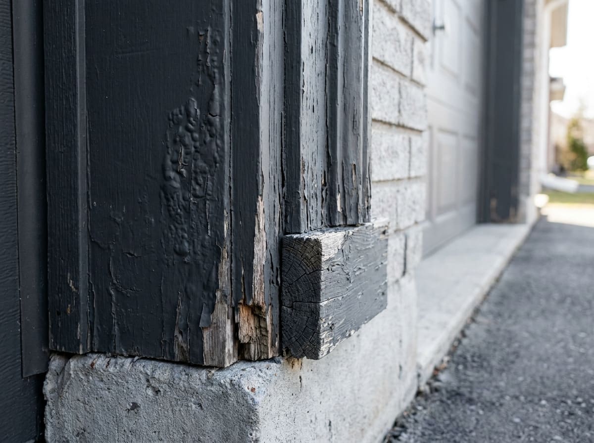 Close view of painted wood trim and brick mould beside a garage door opening, the paint cracked and blistering and the wood split and grey at the bottom corner where it meets the concrete