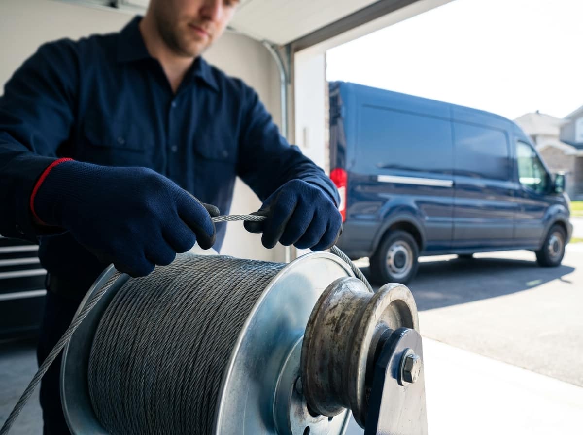 Gloved hands pulling steel lift cable off a large spool in an open garage doorway, an unmarked black van in the driveway
