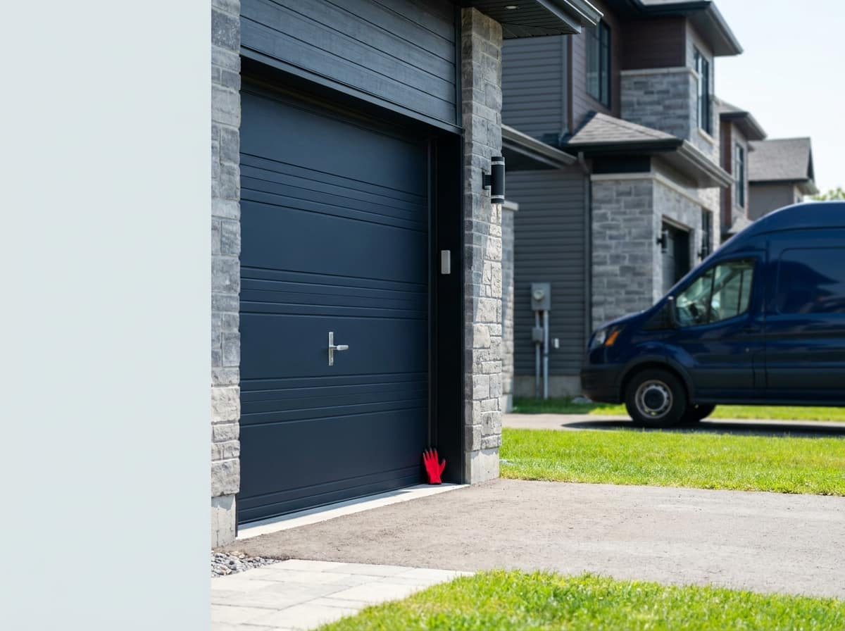 A new charcoal flush garage door on a grey stone Ottawa home, service van parked in the driveway