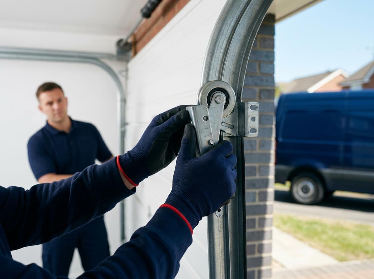 Gloved hands holding a roller and hinge bracket against the curved top bend of a garage door track, a man watching from inside the garage