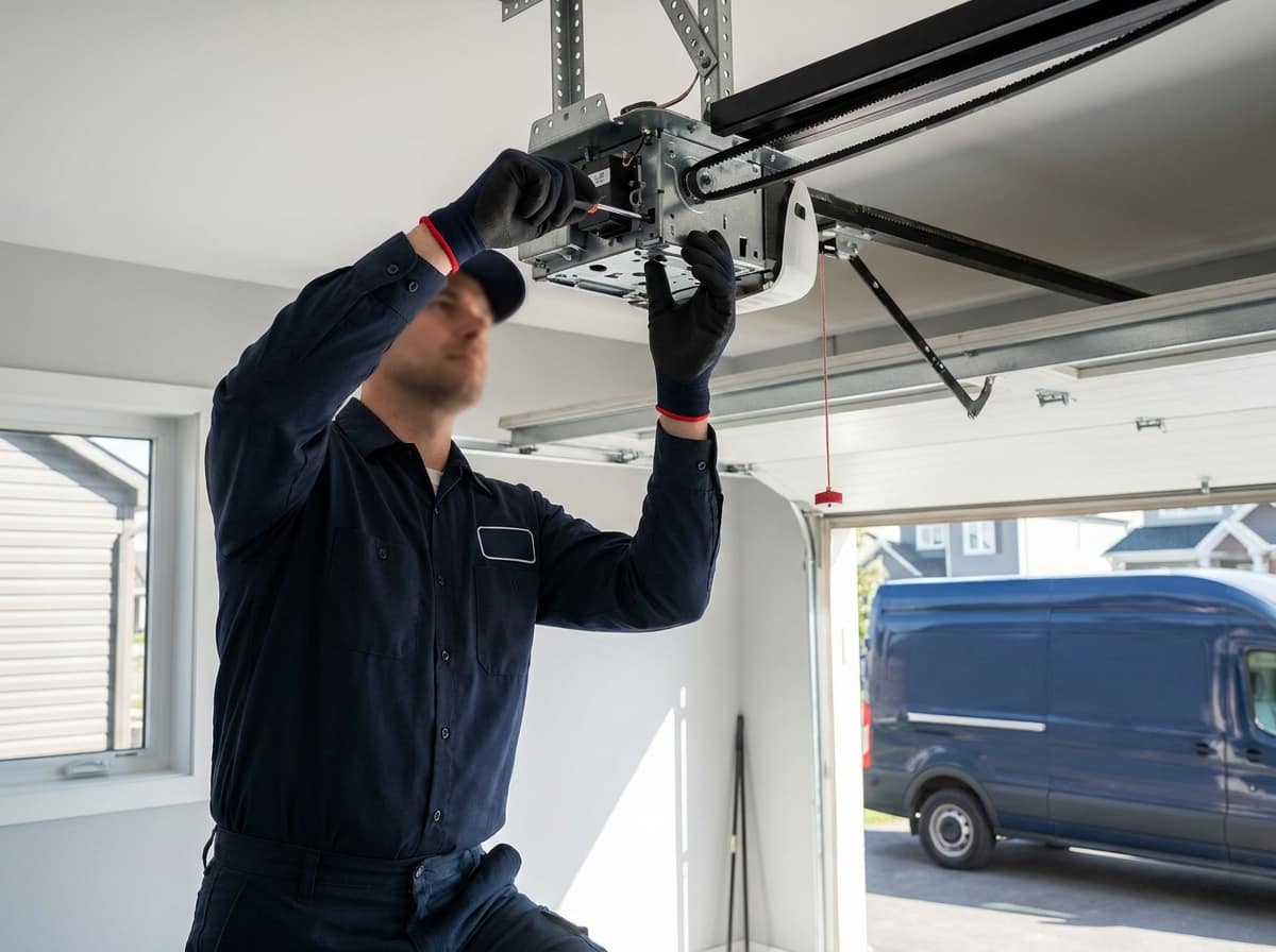 A technician reaching up to service the open cover of a ceiling-mounted belt drive garage door opener