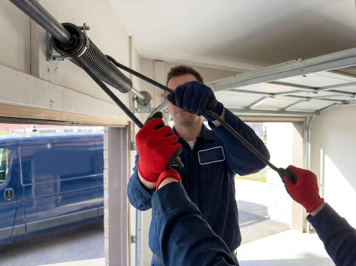 Gloved hands gripping steel winding bars set into the red winding cone of a torsion spring on the shaft above an open garage door