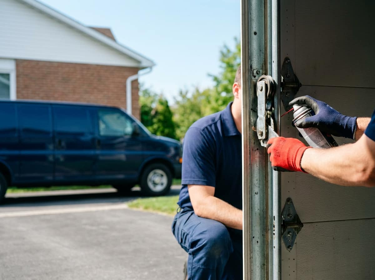 Gloved hands spraying lubricant into a garage door roller bracket during a tune-up, service van in the driveway