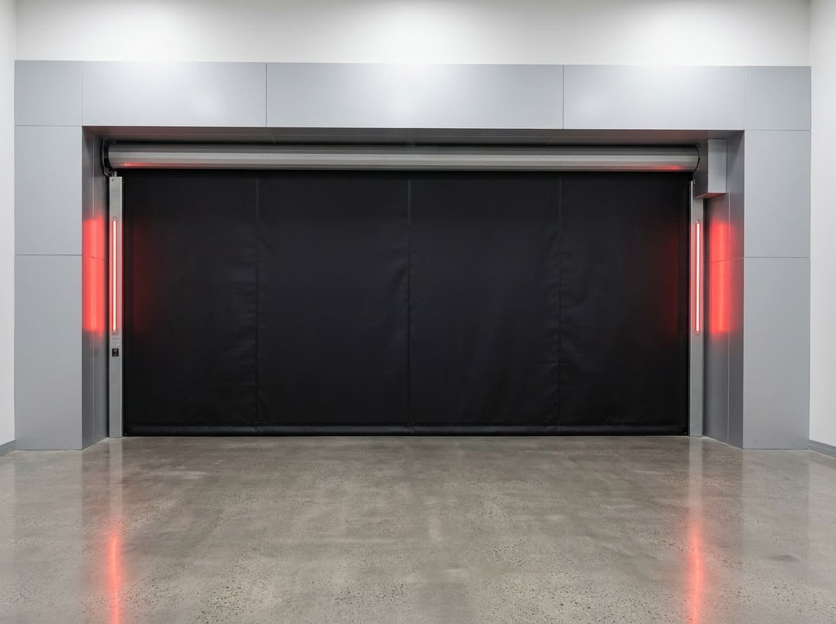 A high speed door with a black fabric curtain closed across a wide opening, its drum housing above and red safety light columns running down both side guides, on polished concrete