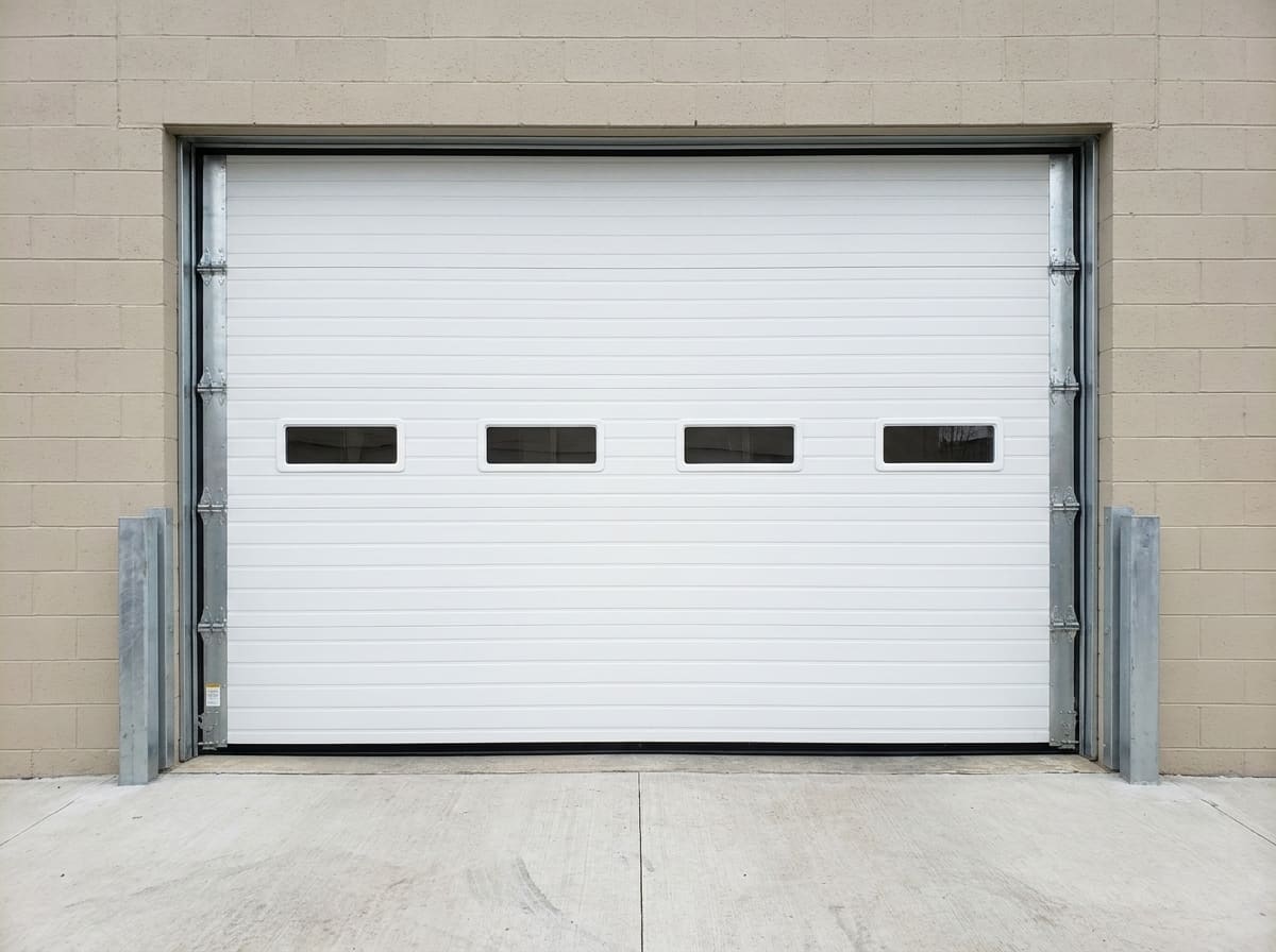 A newly installed white insulated sectional steel commercial garage door, closed, in a beige block shop unit, with a row of vision lites, clean galvanised track, hinges and jamb guards, and a swept concrete apron