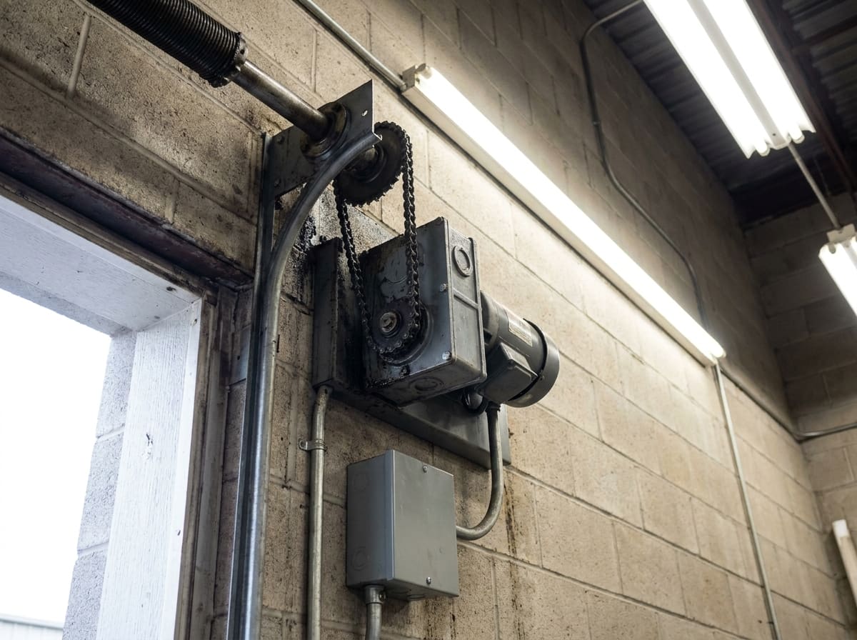 A commercial jackshaft door operator bolted to a block wall beside a door opening, driving the torsion shaft by chain through a sprocket, with its motor and a grey electrical control box on conduit below