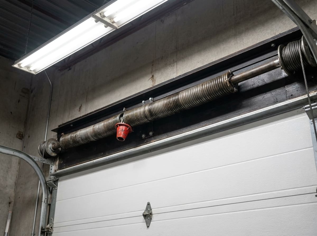 Looking up inside a commercial garage door opening at the steel torsion shaft, the torsion spring with its red winding cone, the cable drum with the lift cable wound on it, and the angle iron header the assembly bolts to