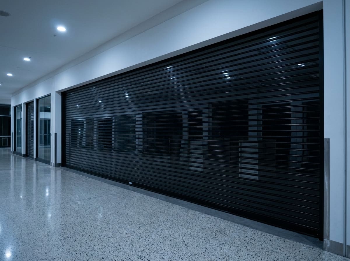 A black rolling security shutter closed over a retail storefront in an empty mall corridor at night, its narrow interlocking slats reflecting the ceiling lights, with the coil housing concealed in the bulkhead above