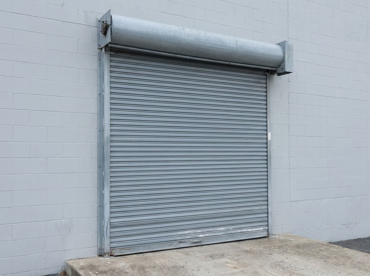 A galvanised rolling steel coiling door closed over a commercial opening in a painted block wall, its curtain of interlocking horizontal slats running in steel side guides, with the round coil barrel on brackets above