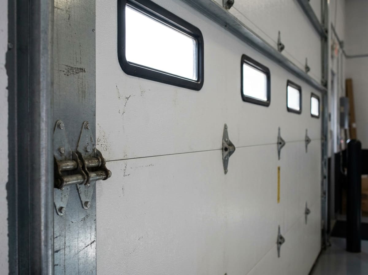 Close three quarter view from inside a shop of an insulated sectional steel commercial door, showing the white steel face, a row of rectangular vision lites in black frames, and a heavy duty end hinge and roller running in the galvanised track