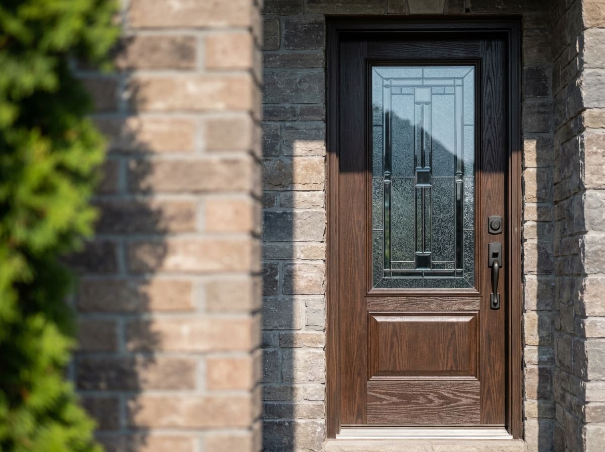 A fibreglass entry door with a deep walnut woodgrain texture and a decorative half lite of leaded glass, on a stone fronted home