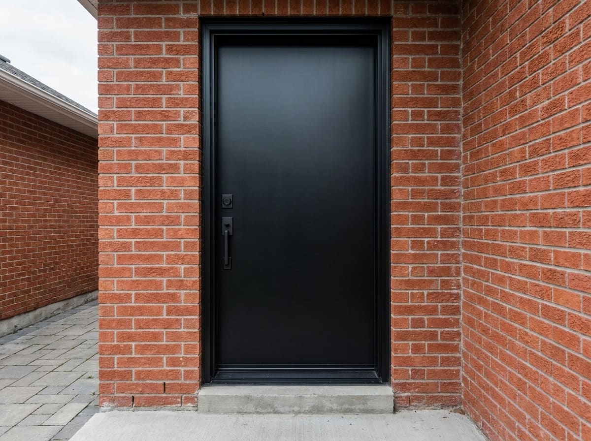 A flush matte black insulated steel front door on a red brick house, straight on and full height, with a black grip handle, a thumb latch and a deadbolt above it