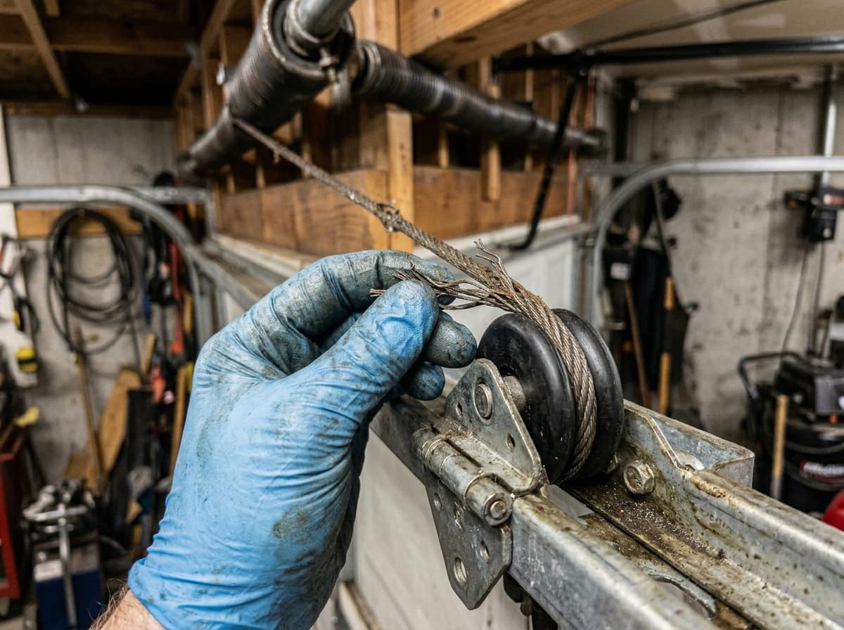 A gloved hand holding a frayed garage door lift cable at the pulley, with the torsion spring above