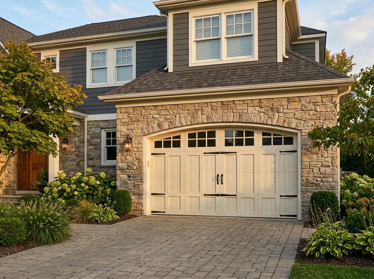 A cream arched carriage style double garage door with black strap hinges and a row of window panes, on a stone front home