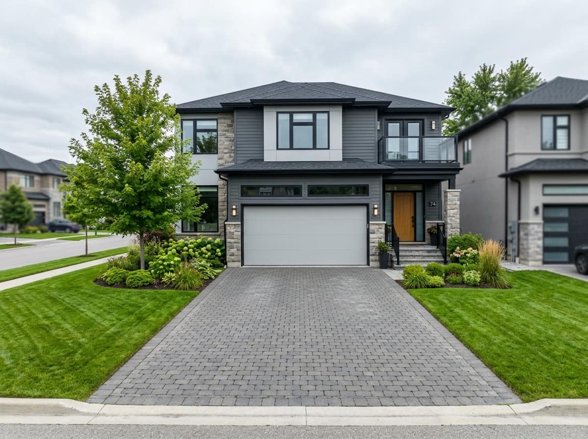 A plain white flush double garage door on the exterior of a modern grey two-storey home with a paver driveway