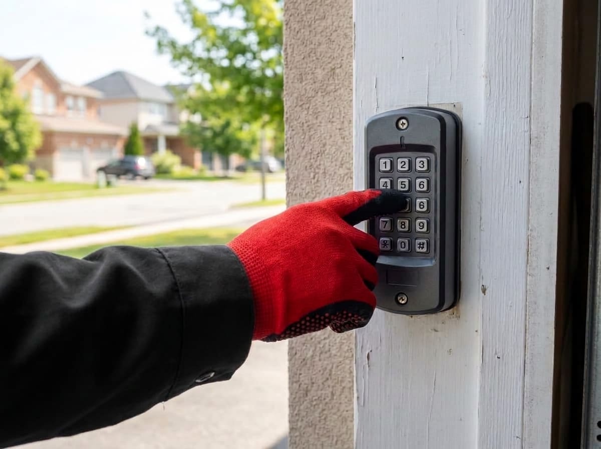A red gloved hand in a black work sleeve pressing a key on a grey numeric keypad mounted on a white garage door jamb