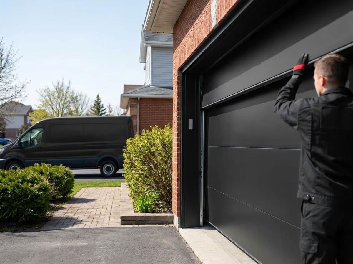 Technician in black coveralls with a gloved hand at the top edge of a matte black flush-panel garage door on a red brick house, an unmarked black van on the street