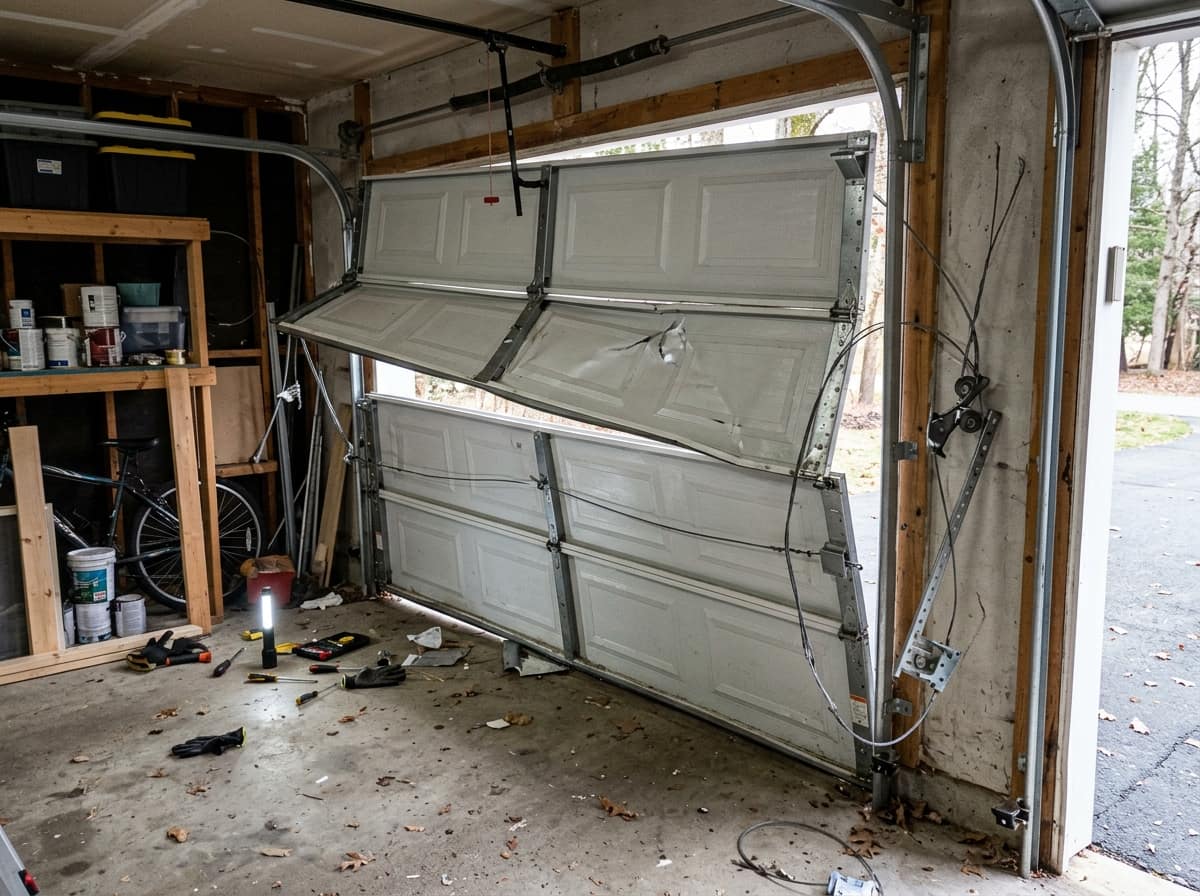 A garage door buckled off its track inside a garage, panels bent and the lift cables hanging loose