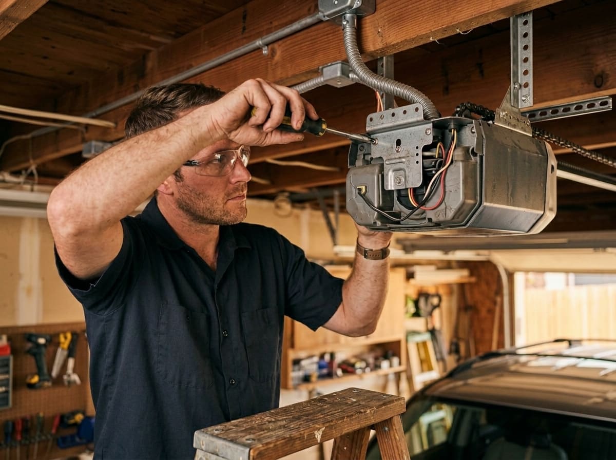 A technician in safety glasses opening the cover of a ceiling-mounted chain drive garage door opener from a stepladder