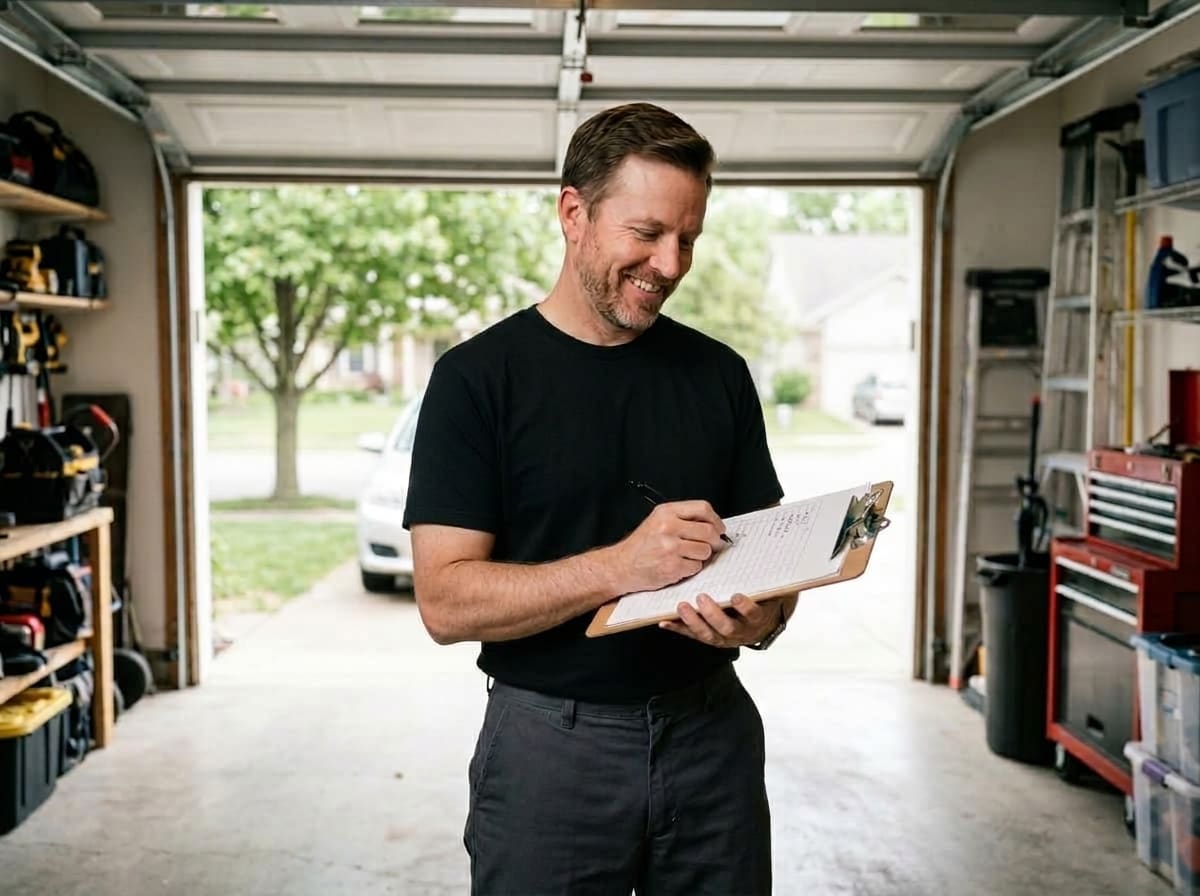 A garage door technician writing an itemised quote on a clipboard in an open garage