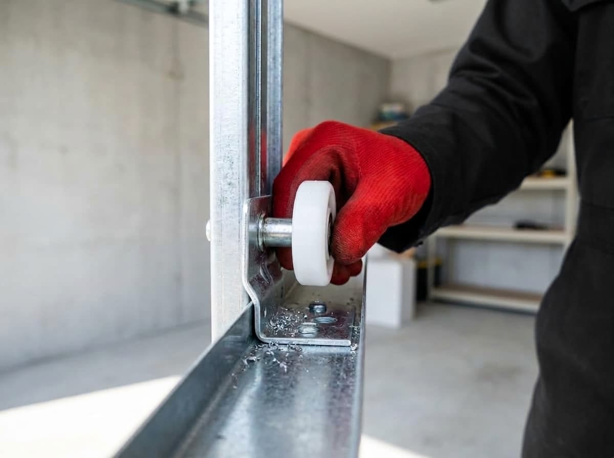 A technician's gloved hand seating a white roller into the bracket of a galvanised garage door track in a bare concrete garage