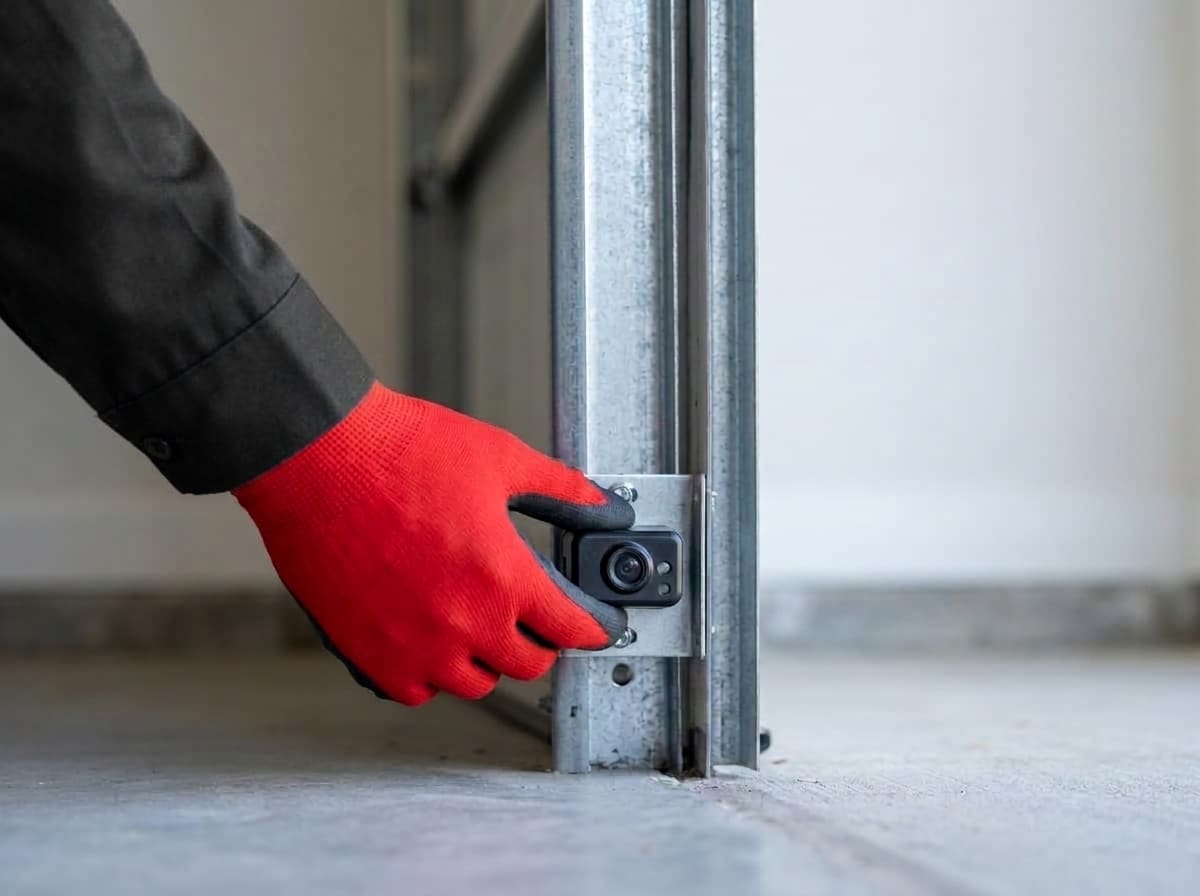 A technician's gloved hand adjusting a photo-eye safety sensor on its bracket at the bottom of a garage door track