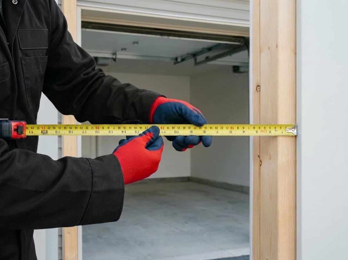 A technician in black coveralls measuring the size of a garage door opening with a yellow tape measure