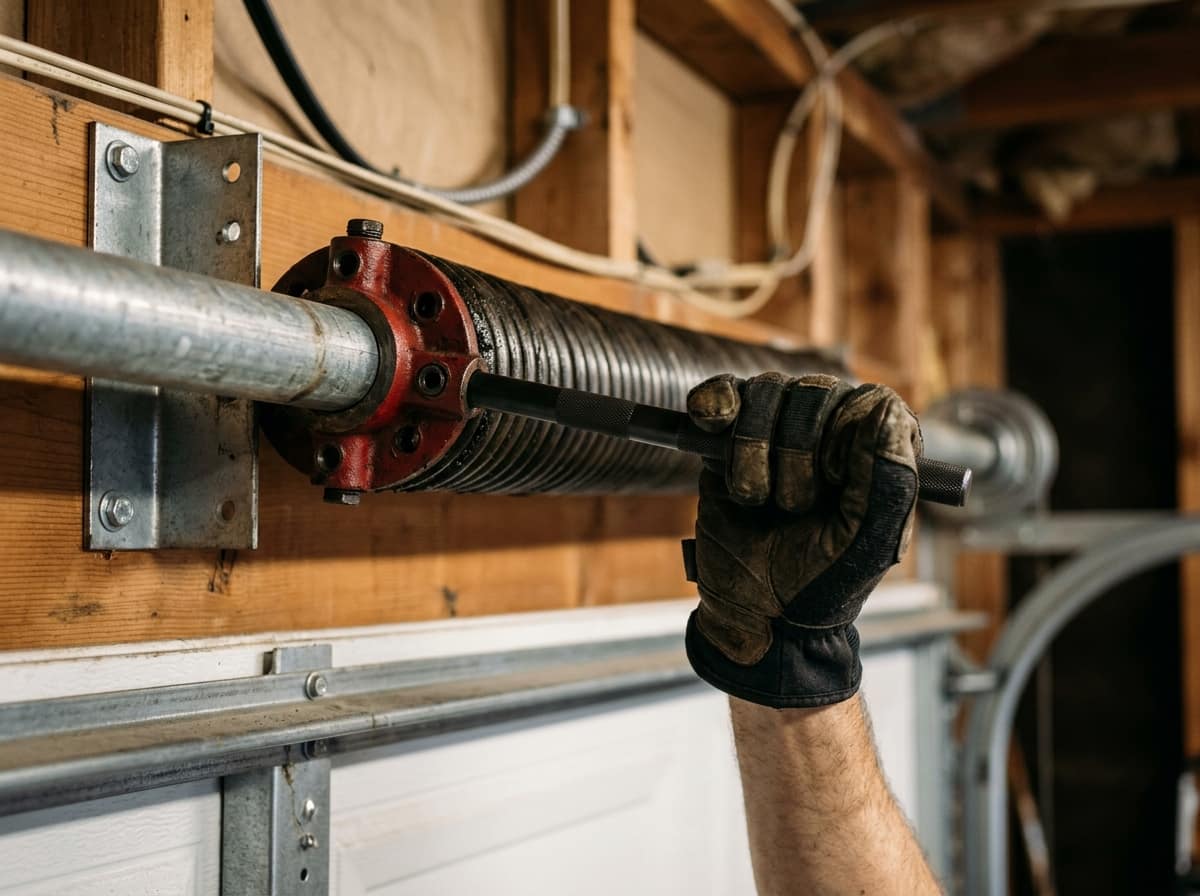 A gloved hand winding a torsion spring with a winding bar at the red winding cone above a white garage door