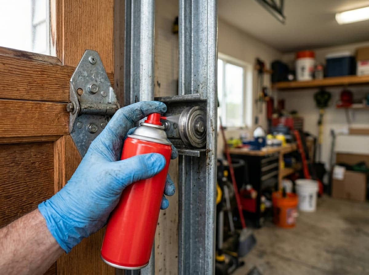 A gloved hand spraying lubricant onto a garage door roller in its track during a tune-up