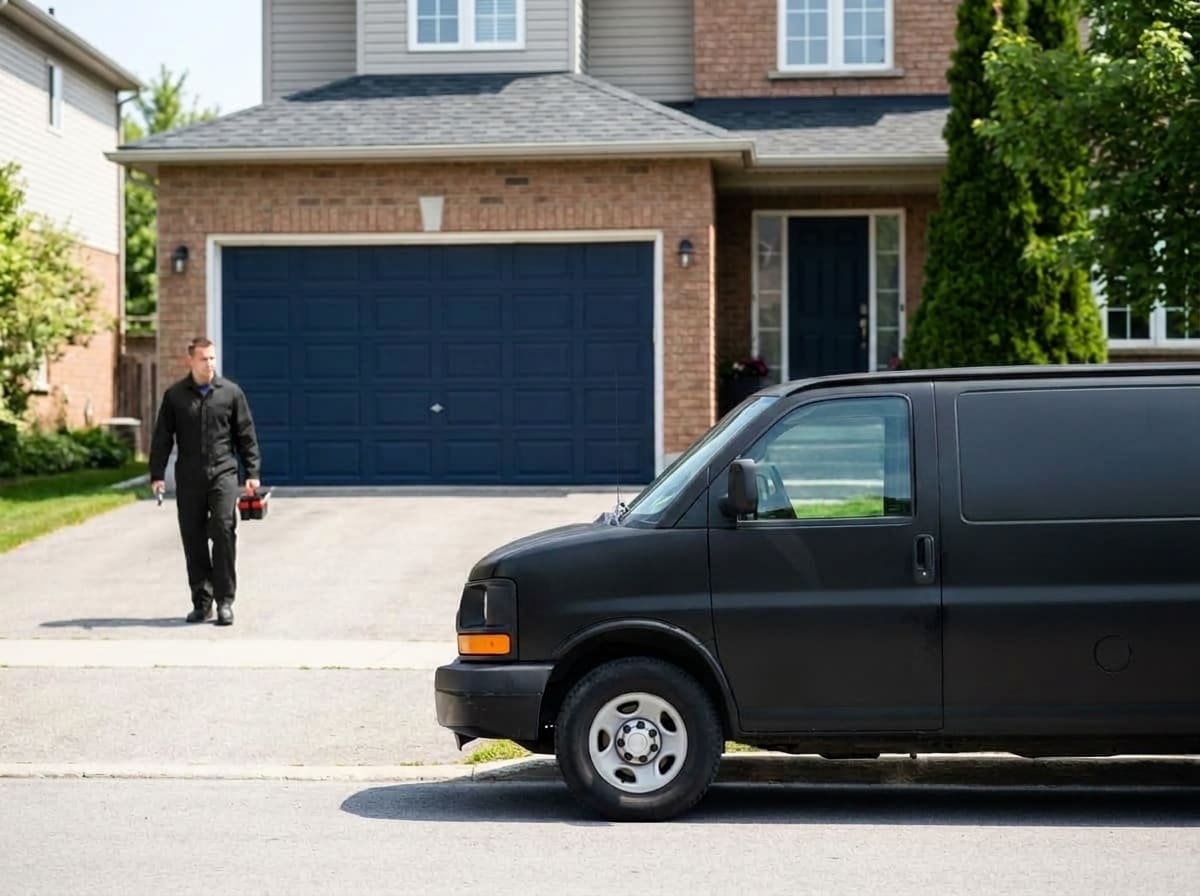 A garage door technician carrying a tool case up the driveway of a two-storey brick home, with the service van parked at the curb