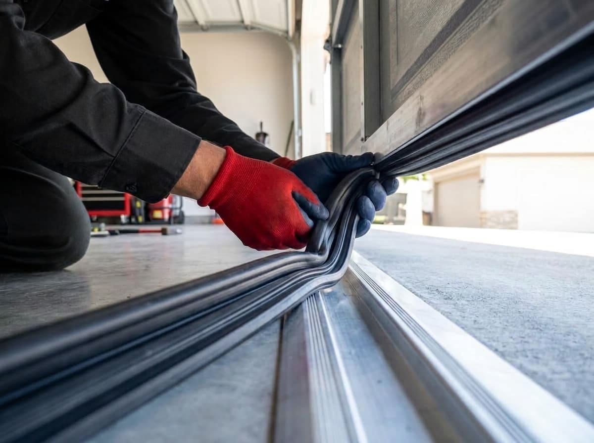 A technician kneeling to fit a black rubber weather seal into the retainer along the bottom of a garage door