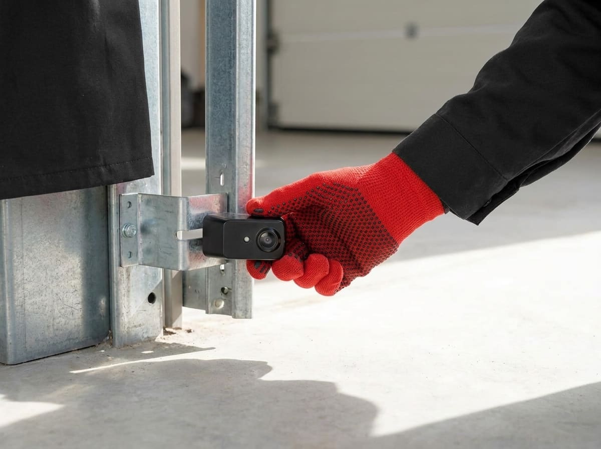 A technician's gloved hand adjusting a photo-eye safety sensor on its bracket at the base of a garage door track
