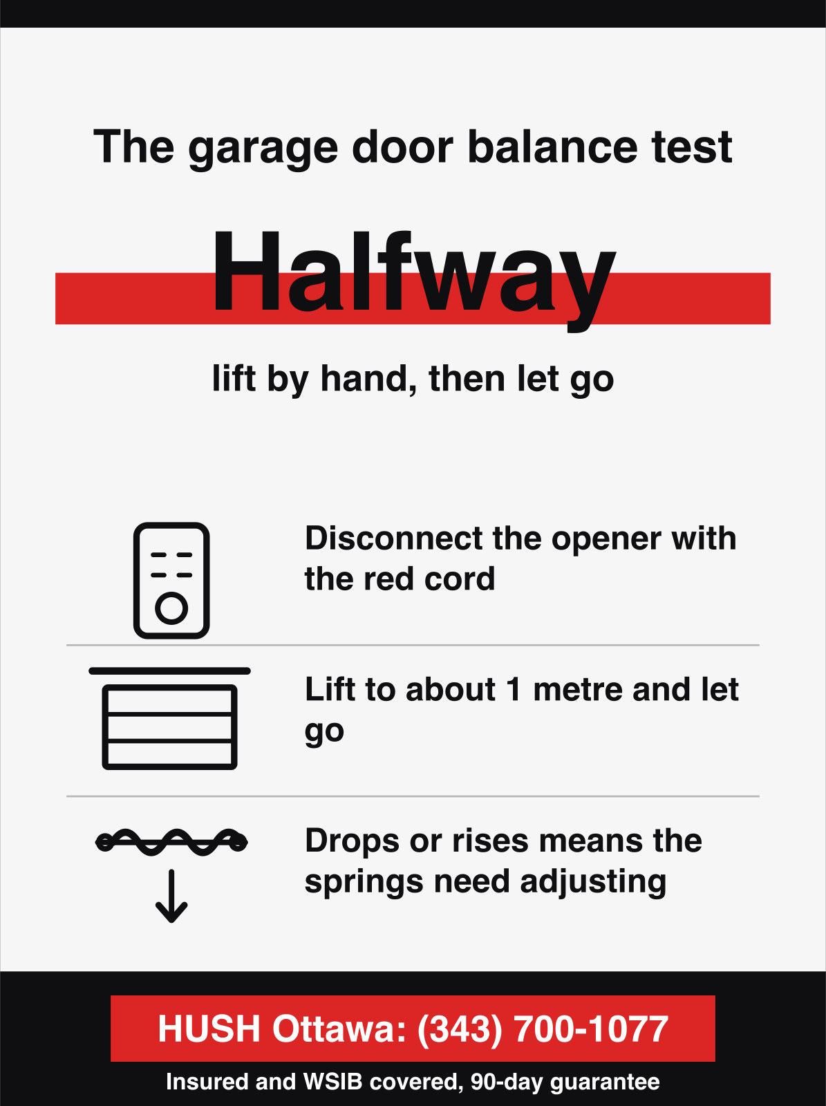 The garage door balance test. Halfway, lift by hand, then let go.