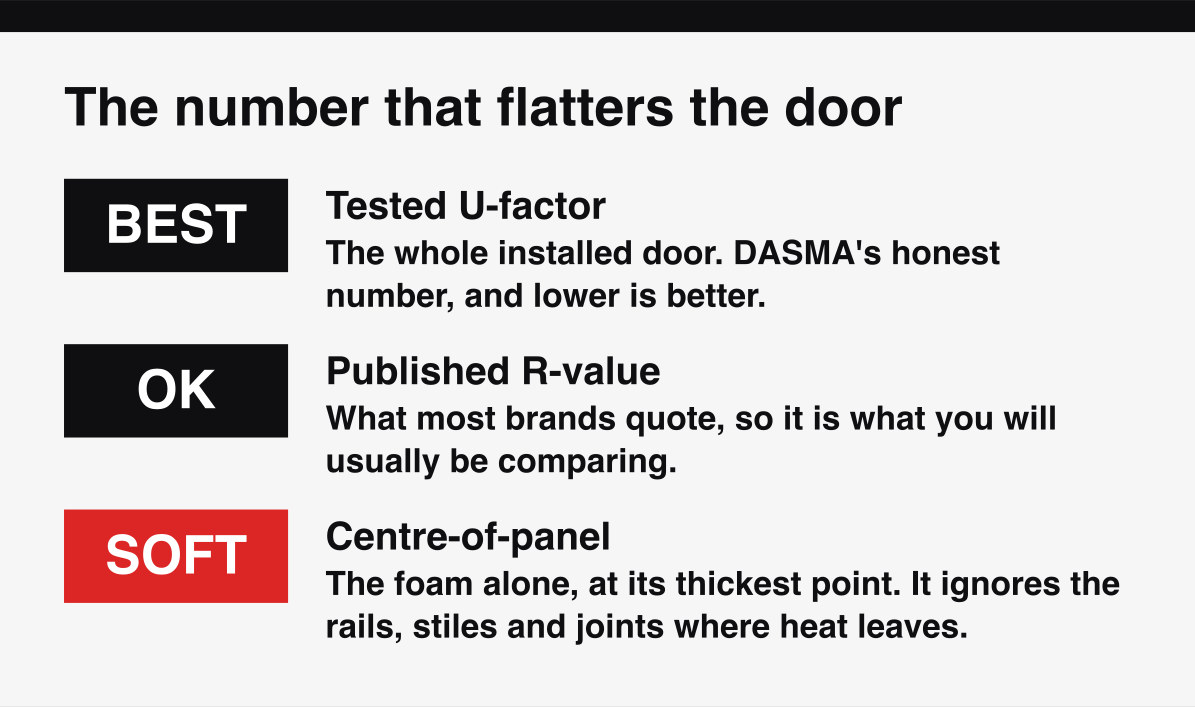 Why a centre-of-panel garage door rating overstates the whole door, and what a thermal break changes.