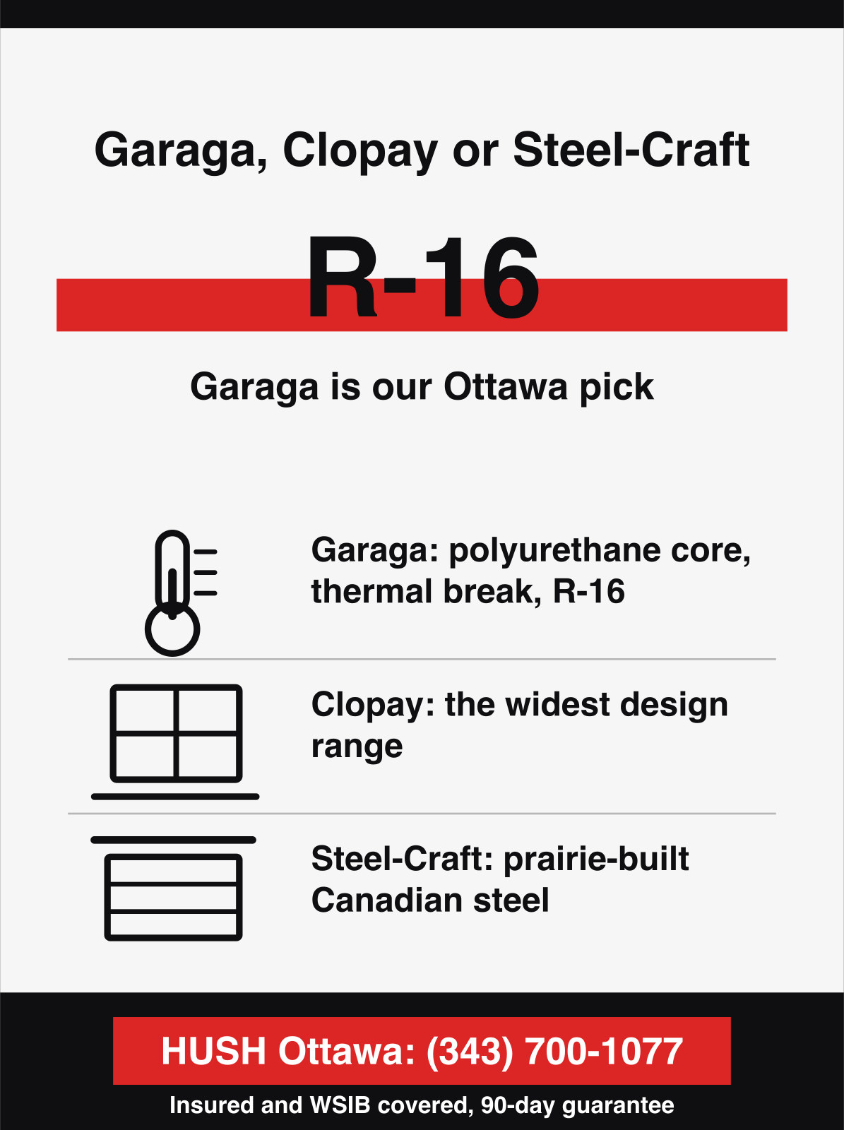 Garaga, Clopay or Steel-Craft. R-16, Garaga is our Ottawa pick.