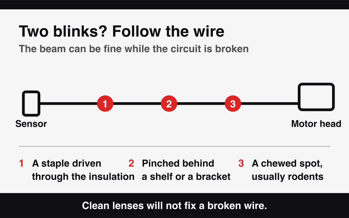 Where Genie sensor wiring breaks, at a staple, a pinch behind a shelf, or a chewed spot.