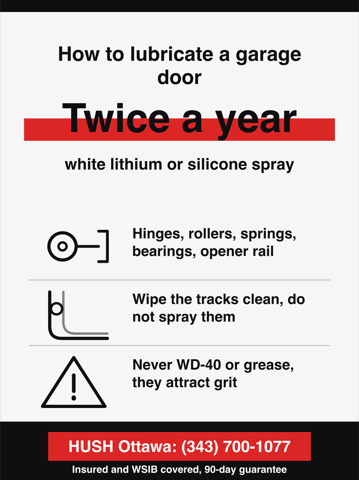 Lubricate a garage door twice a year, coating the hinges, rollers and springs with silicone spray.