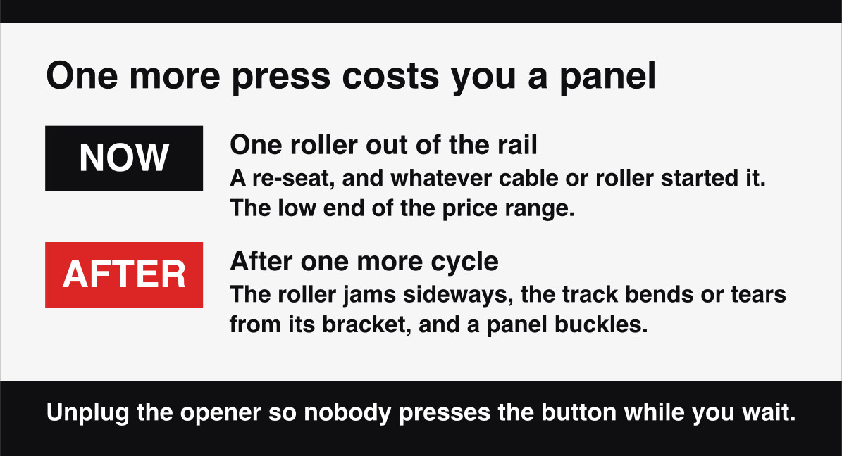 Why one more press of the opener on an off-track garage door turns a small repair into a large one.
