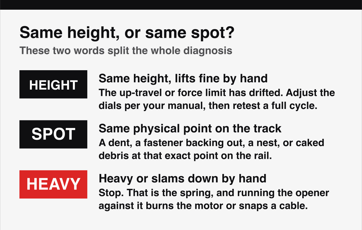 A garage door that opens partway, and how the stopping height tells a limit fault from a track jam.