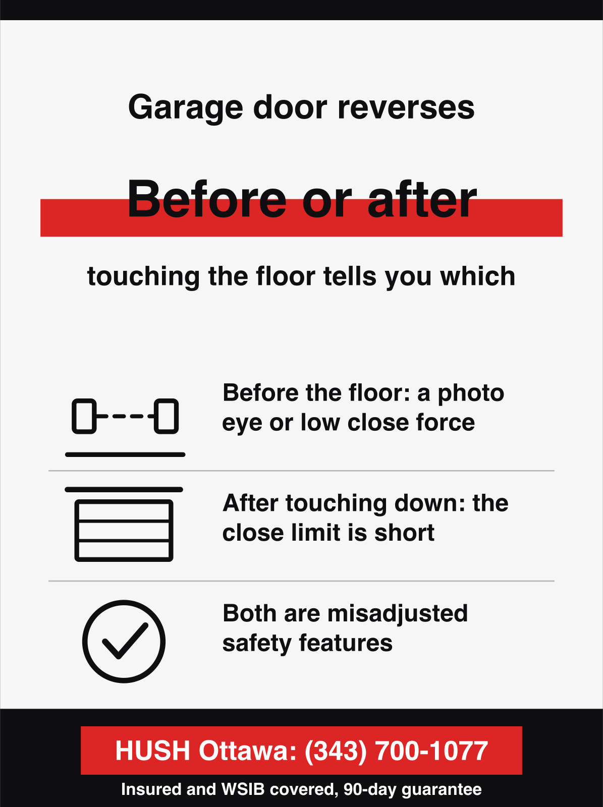 Garage door reverses. Before or after, touching the floor tells you which.
