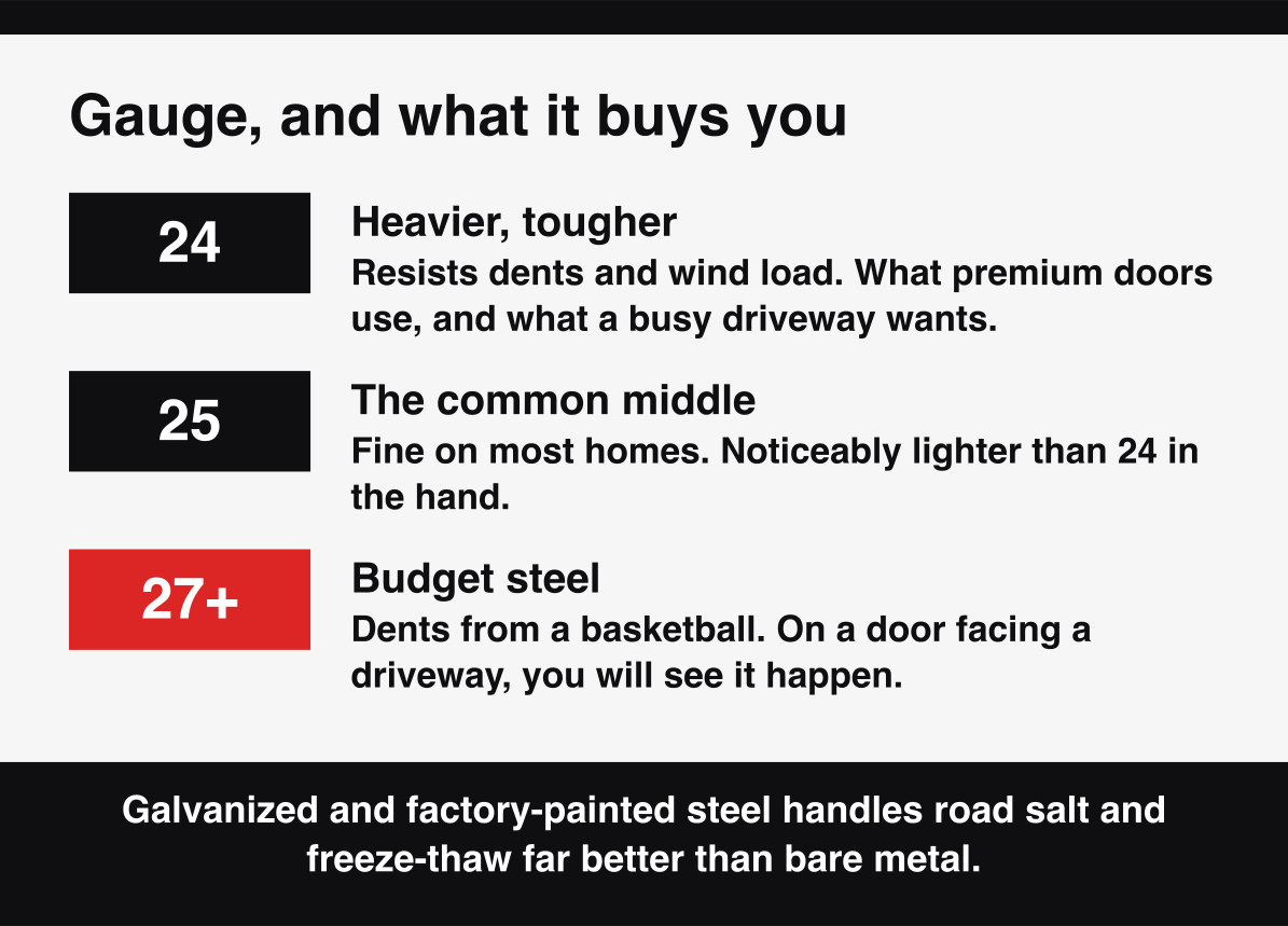 What garage door steel gauge means, where a lower number is thicker steel.