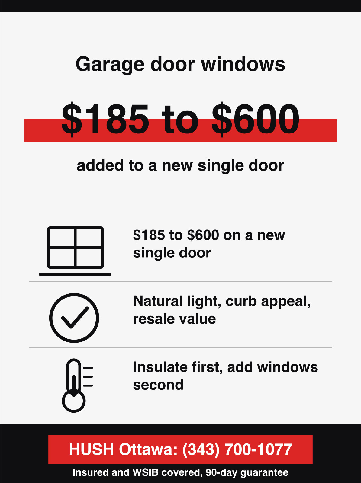 Garage door windows add $185 to $600 to a new single door, and buy light and resale value.