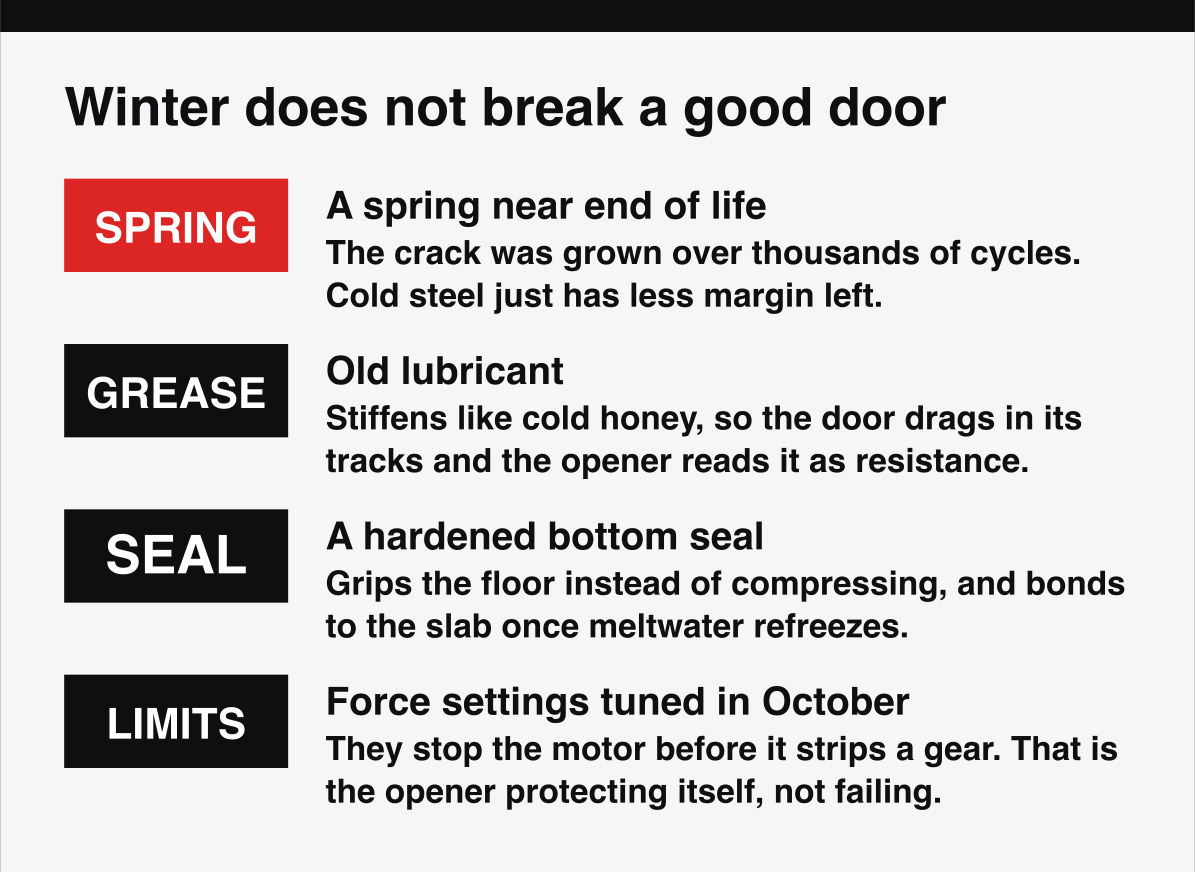 Why winter failures on a garage door expose a part that was already marginal, rather than breaking a healthy one.