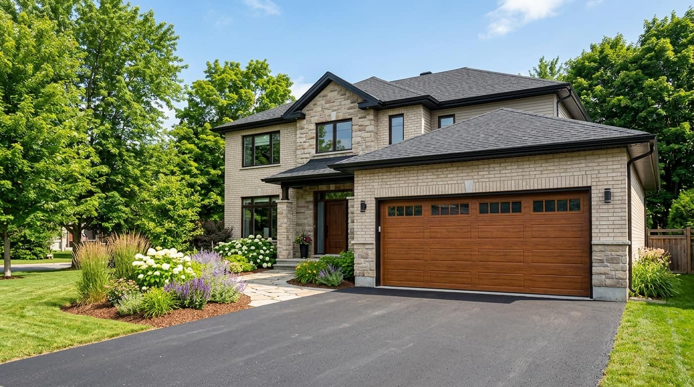 Warm woodgrain double-wide garage door with a top row of small windows on a cream brick and stone home, green summer garden and asphalt driveway
