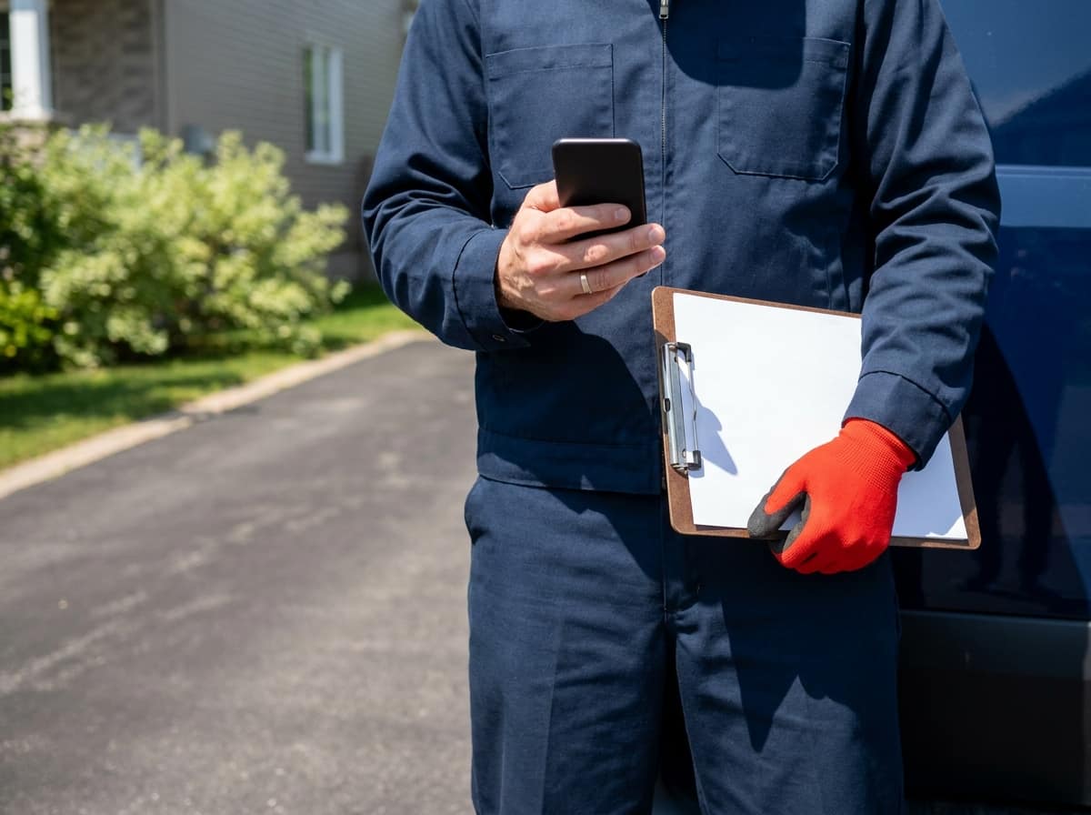 A technician with a phone and clipboard beside the service van in a sunny Ottawa driveway, the person who answers is the person who fixes it