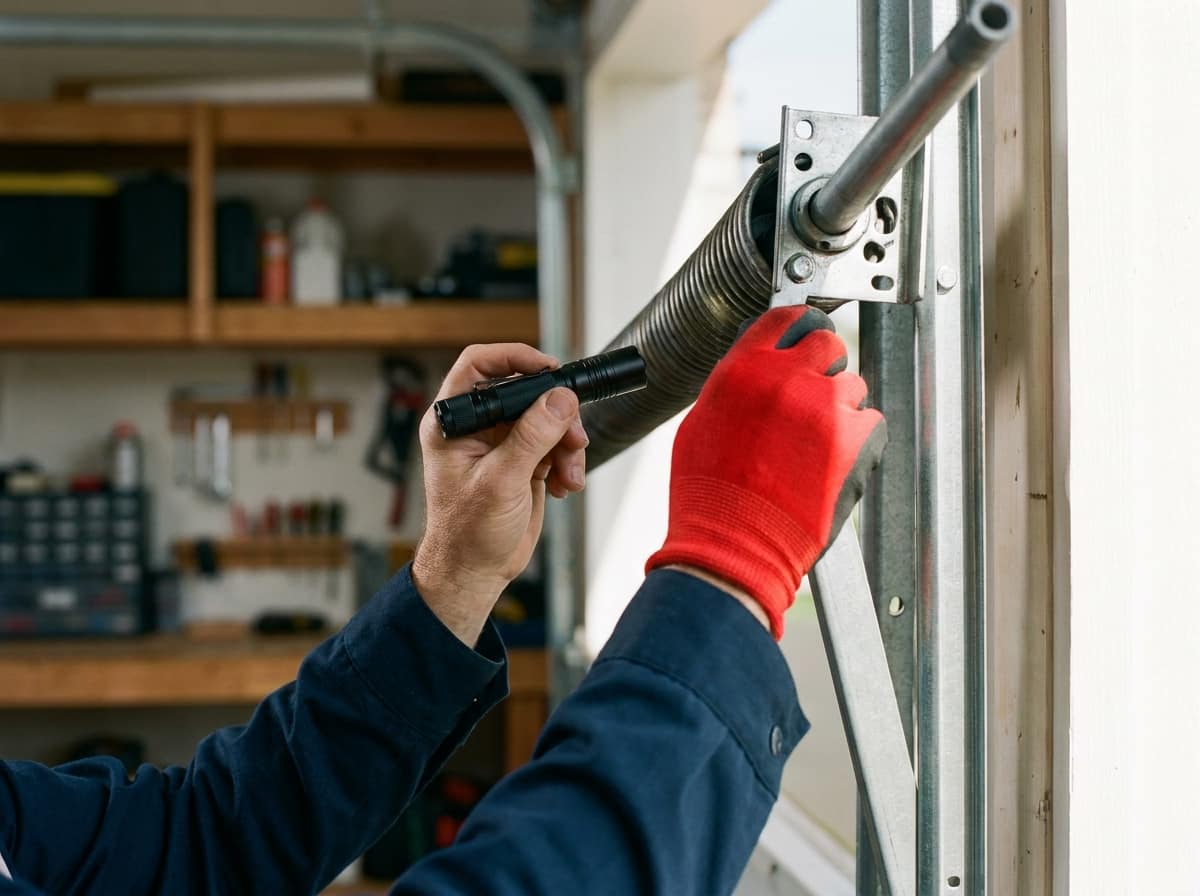 A technician diagnosing a garage door, holding a flashlight in a bare hand while steadying a torsion spring with a gloved hand