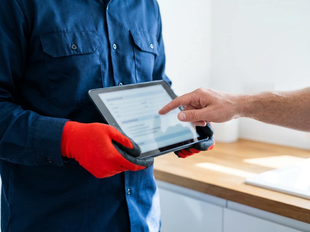 A technician's hands showing a homeowner a written repair quote on a tablet