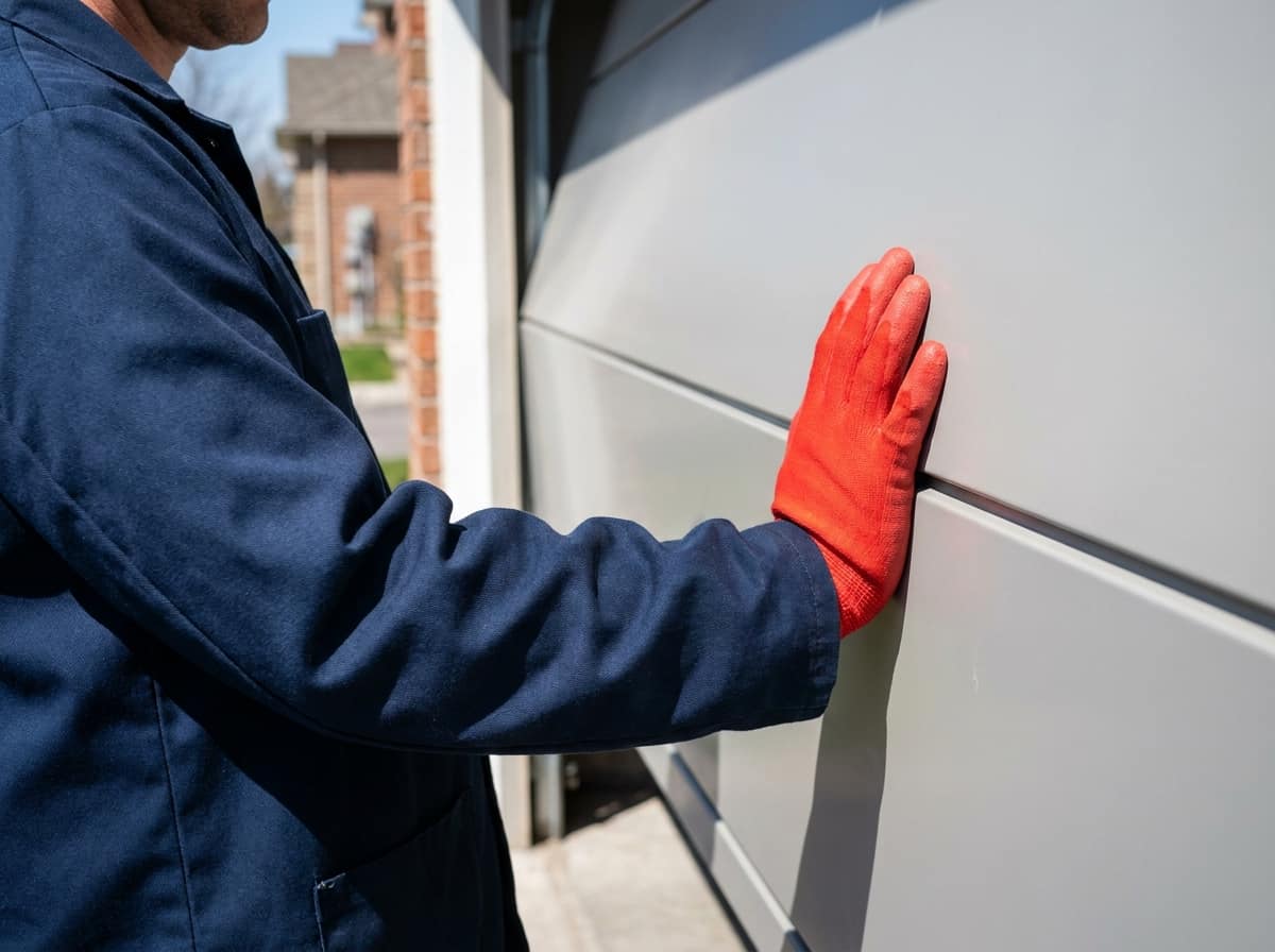 A technician's gloved hand resting on a smoothly working, freshly repaired garage door
